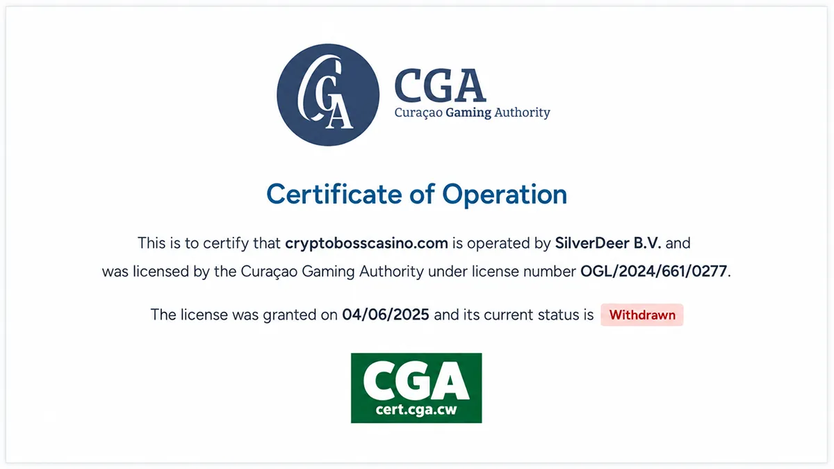 Сертификат Curaçao Gaming Authority со статусом Withdrawn у Crypto Boss Статус лицензии Crypto Boss Curaçao — отозвана