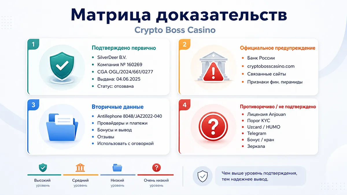 Матрица доказательств по Crypto Boss: первичные, вторичные и противоречивые данные Матрица доказательств по Crypto Boss Casino
