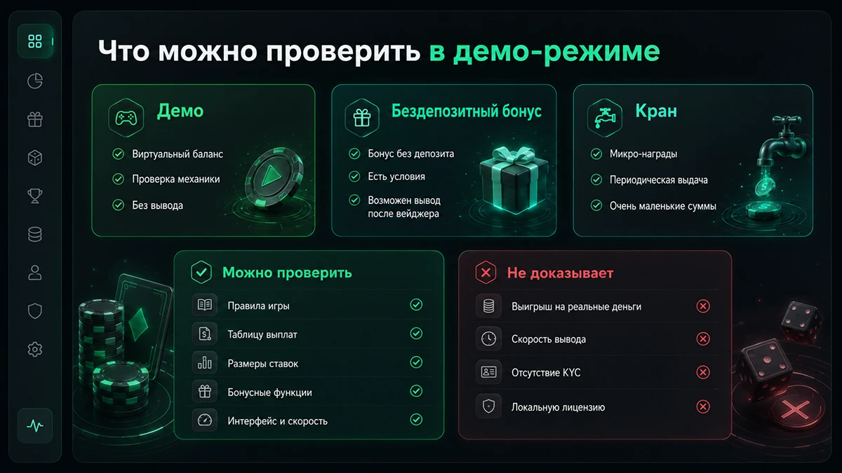 Таблица различий между демо-режимом, бездепозитным бонусом и краном Разница между демо, бездепозитным бонусом и краном