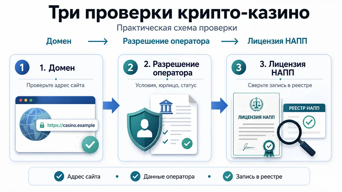 Схема трёх независимых проверок: домен, разрешение оператора, лицензия НАПП Три проверки крипто казино — домен, оператор, лицензия