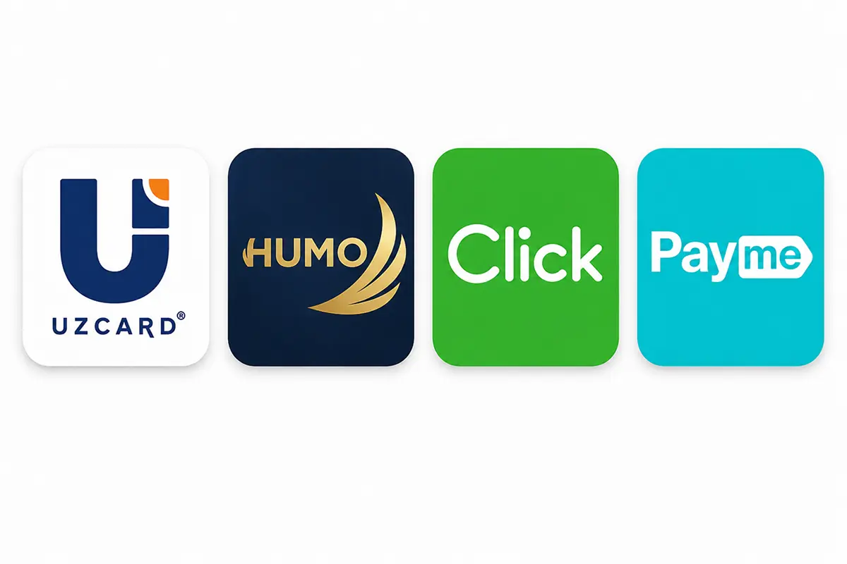 Иконки локальных платёжных сервисов Узбекистана: Uzcard, HUMO, Click и Payme Локальные способы оплаты в Узбекистане