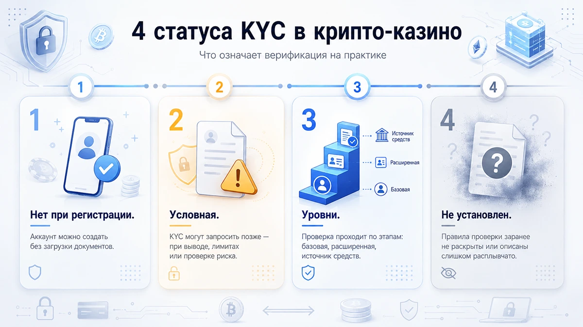 Четыре статуса KYC: без проверки при регистрации, условная, уровневая и неустановленная Четыре статуса KYC в крипто казино