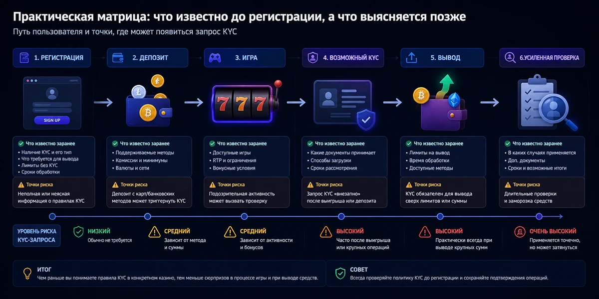 Путь игрока от регистрации до вывода с отметками, где может появиться KYC Где в процессе игры может появиться запрос KYC