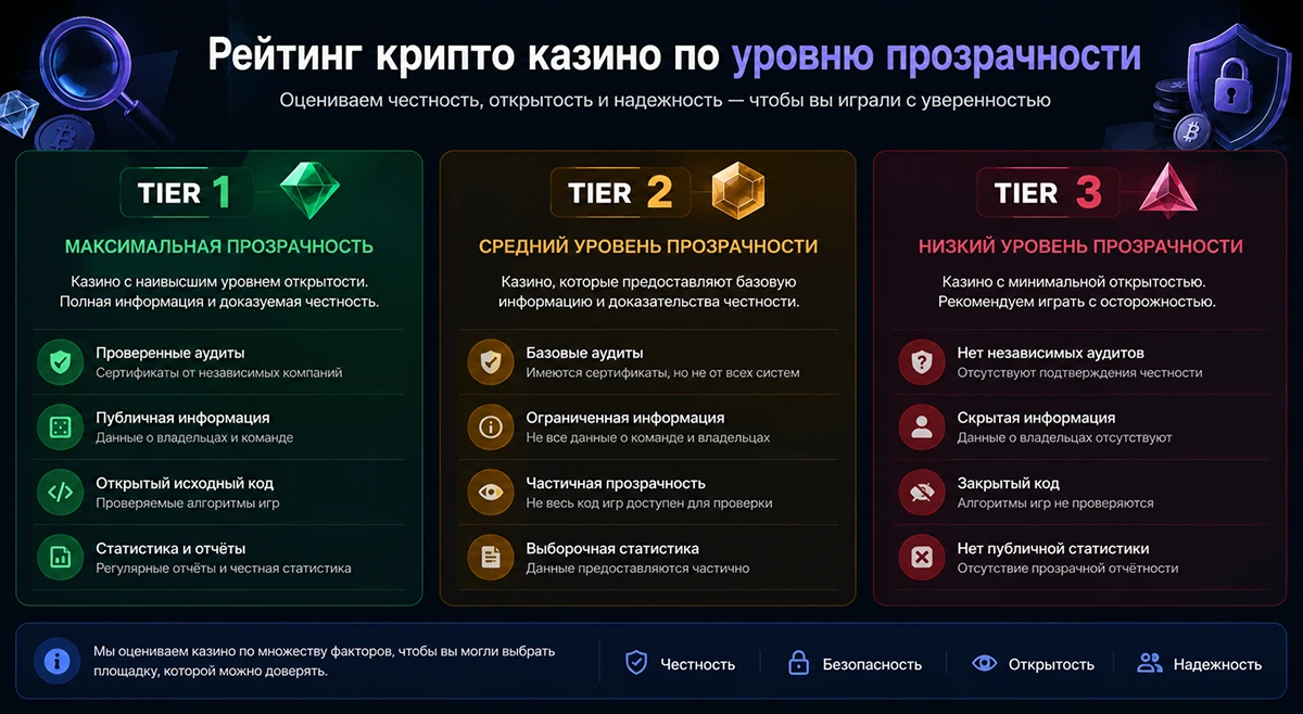 Схема уровней Tier 1, Tier 2 и Tier 3 в рейтинге крипто казино Tier 1, 2, 3 — уровни прозрачности в рейтинге крипто казино