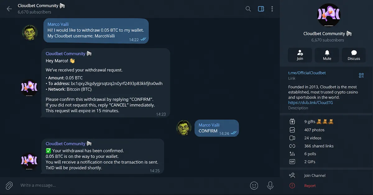 Подтверждение вывода средств Cloudbet через чат в Telegram Подтверждение вывода Cloudbet через Telegram