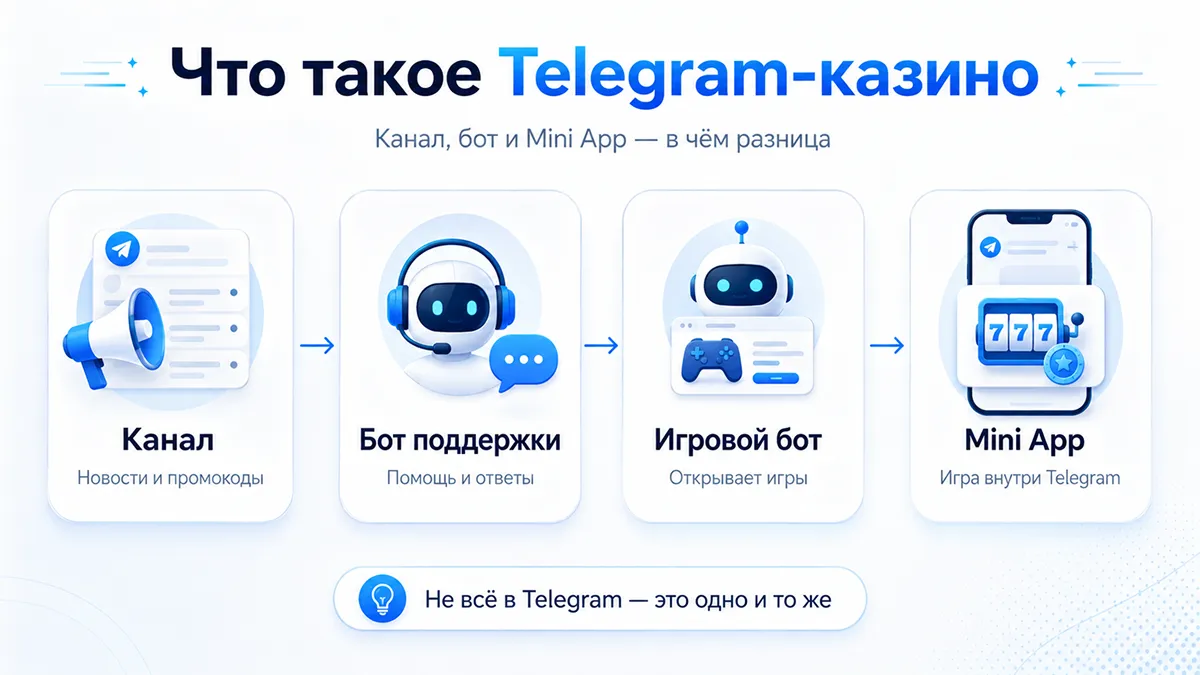 Схема различий между каналом, ботом и Mini App в Telegram-казино Канал, бот и Mini App в Telegram-казино — разница