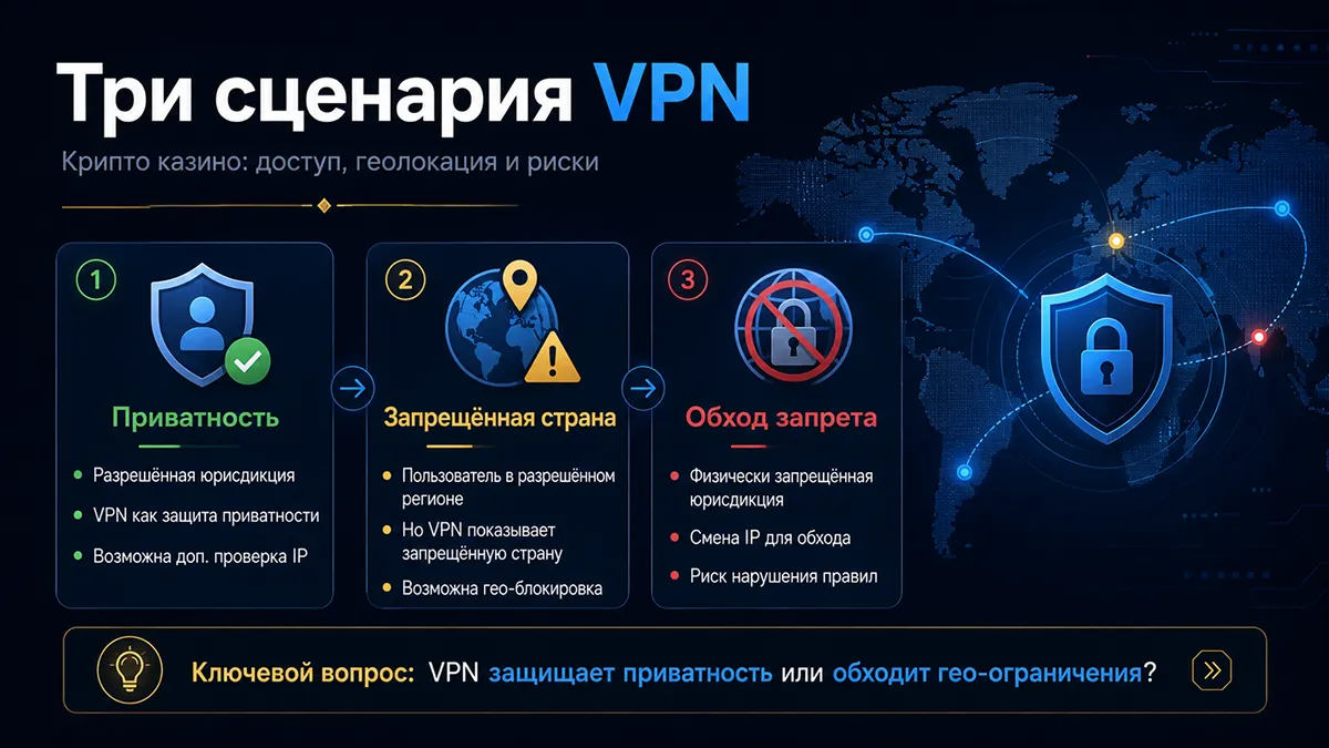 Три сценария использования VPN: приватность, чужая страна и обход запрета Три сценария использования VPN в крипто казино