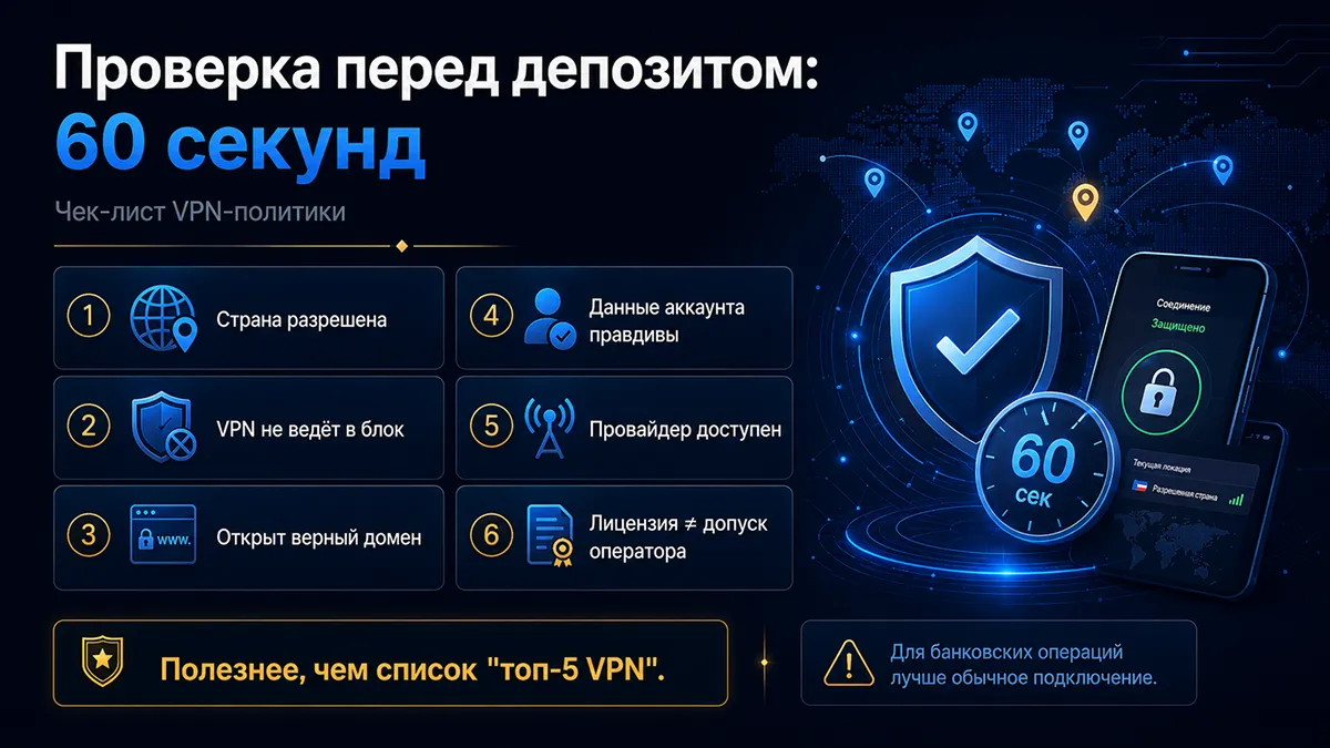 Чек-лист проверки VPN-политики оператора за 60 секунд до депозита Чек-лист проверки VPN-политики перед депозитом